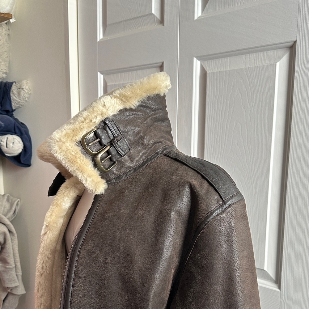 XOXO Dark Brown Leather Jacket with Cream Trim - Picture 3 of 8